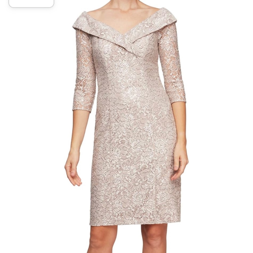 Alex evenings off the shoulder 3/4 sleeve  sequenced sheath dress